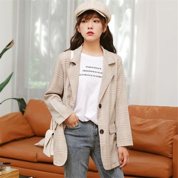

women's suits & blazers plaid blazer coat women single breasted pocket notched collar formal suit female korean casual jacket outerwear, White;black