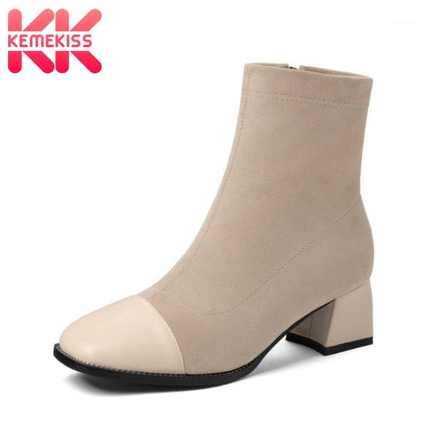 

taoffen size 33-43 women ankle boots thick heel zipper flock shoes square toe winter warm boots fashion lady office footwear1, Black