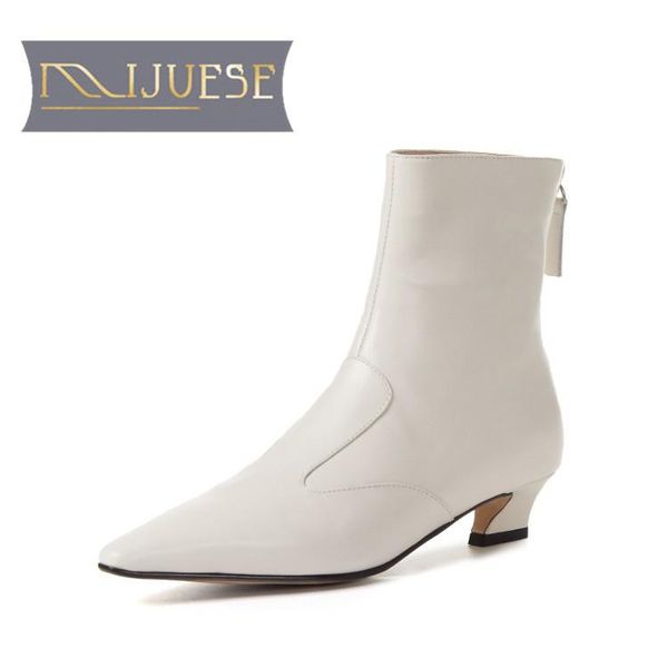 

mljuese 2021 women ankle boots cow leather winter short plush square toe zipper med heels female boots size 39, Black