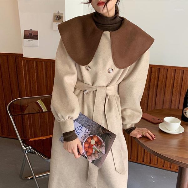 

ewq]2020 winter over knee style turn-down collar long-sleeved solid color straight minimalist woolen overcoat with belt 8d10051, Black