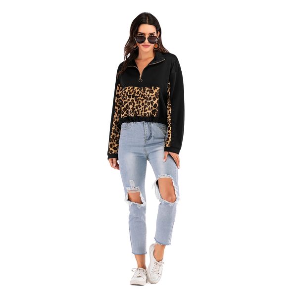

new women's explosions leopard stitching zippe o-neckr sweater women's long sleeves slim slim casual fashion, Black