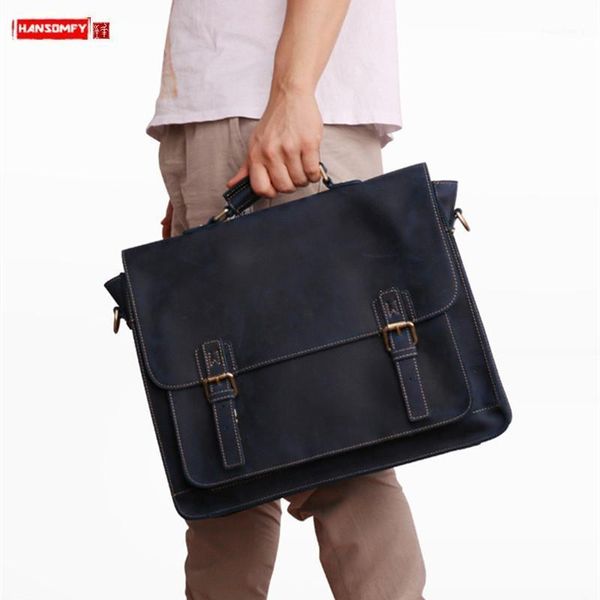 

new business men's leather briefcase men handbags 15.6 inch computer bag retro lapbag male travel bags crazy horse leather1