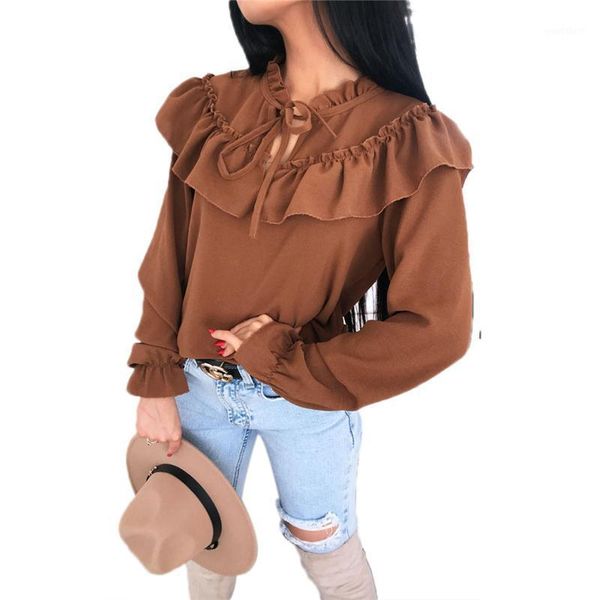 

2020 blouse women casual womens and blouses plus size office long sleeve shirt vintage solid color ruffle clothes1, White