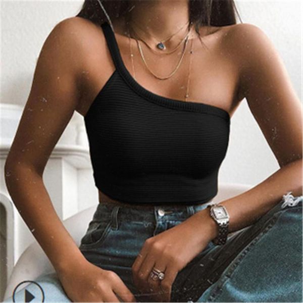 

fashion casual women summer vests irregular shoulder straps sleeveless crop solid slim pullover famale high street, White