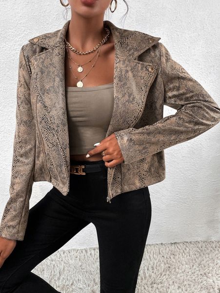 

snakeskin print flap pocket zip up pu leather moto jacket k1jp#, Black;brown