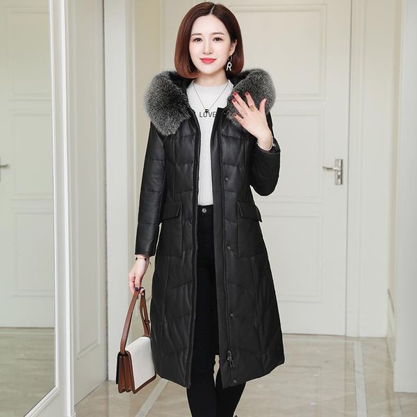 

long 2020 genuine jacket winter sheepskin coat fur collar hooded luxury leather jackets women kj4652, Black