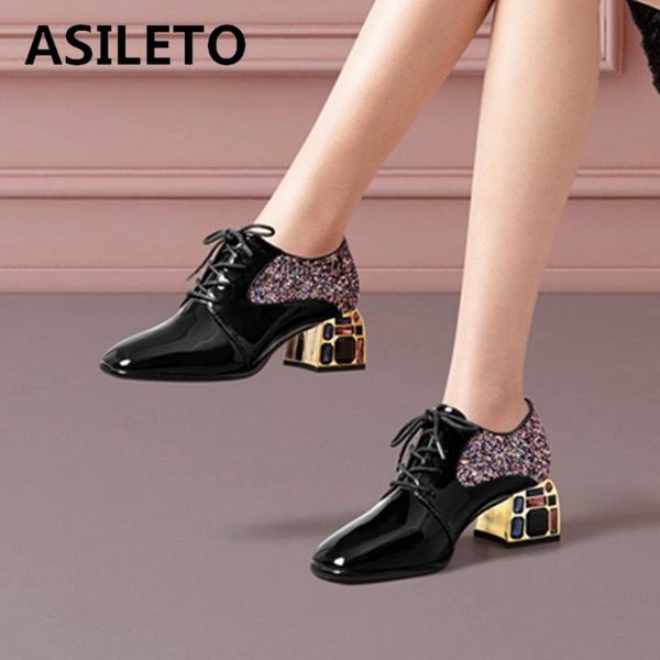 

asileto new 2021 pumps square toe 5cm strange heels genuine leather lace-up bling stylish patchwork big size 33-48 b2383, Black