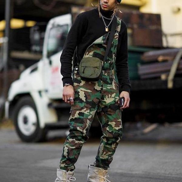 

men one shoulder fashion jeans jumpsuit casual camouflage print jeans jumpsuits overalls tracksuit camo suspender pant, Blue