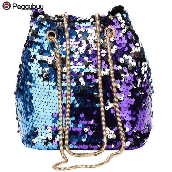

shining sequins mini bucket handbag women chain crossbody messenger shoulder bags girls metal chain single shoulder bag