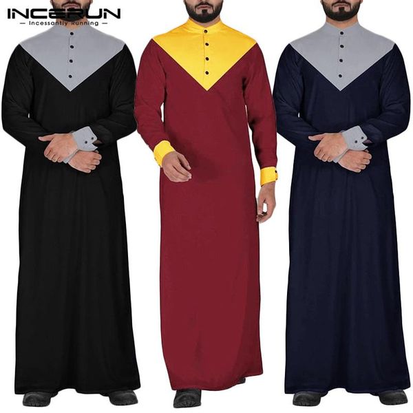 

incerun vintage men robes islamic muslim kaftan stand collar jubba thobe retro long sleeve color-block men clothing s-5xl, Red