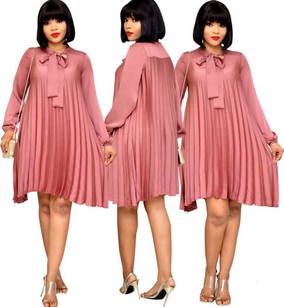 

bow stand collar tie women's new long sleeve loose pleated solid dress, Black;gray