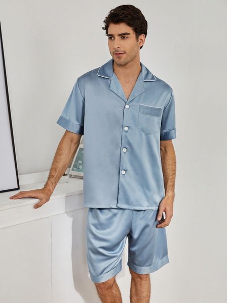 

men button up pocket satin pj set a3yt#, Black;brown