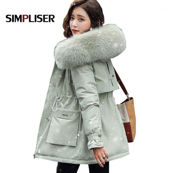 

thickened warm coats women 2020 winter long hooded jackets fur collar high street parka femme pink black green parka fur coats1