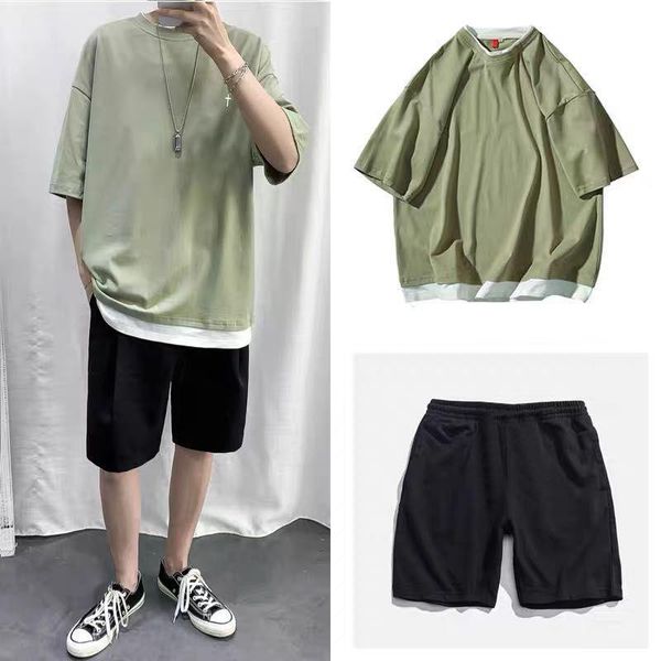 

men sets patchwork knee-length trousers summer chic leisure loose set fashion male korean simple all-match teens ins bf ulzzang, Gray