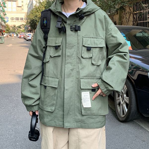 

2021 spring trend youth fashion korean multi pocket work jacket handsome casual men's coat, Black;brown