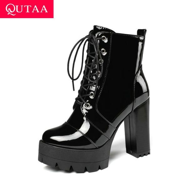 

boots qutaa 2021 pu patent leather ladies pumps lace up zipper platform women shoes square high heel fashion ankle size 34-43, Black