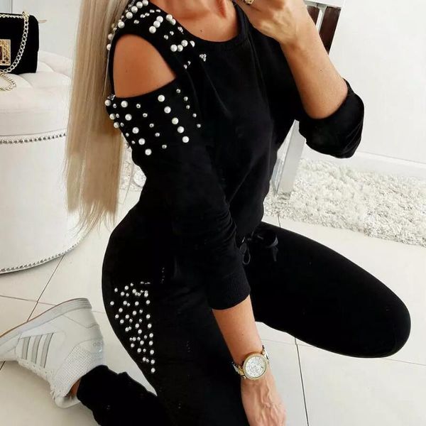 

women ladies tracksuit cold shouder high waist bandage fashion pants 2pcs set lounge wear casual suit1, White