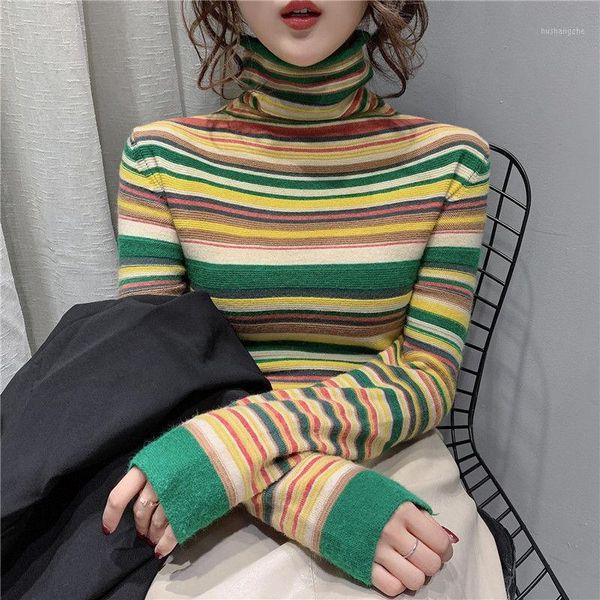 

autumn and winter 2020 new mixed color stripe knitwear pile collar turtleneck sweater women 's inner bottoming shirt women 's we1, White;black