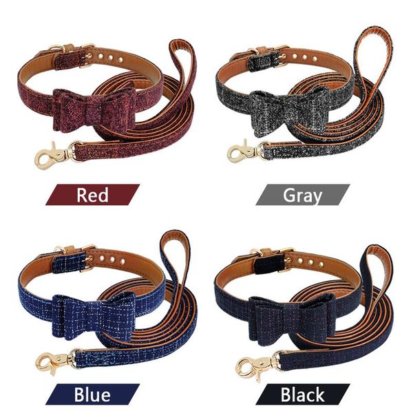 

plaid bowknot dog collar pet puppy cat leather dog collar leash set adjustable for small medium dogs cats chihuahua pu wmtxlw