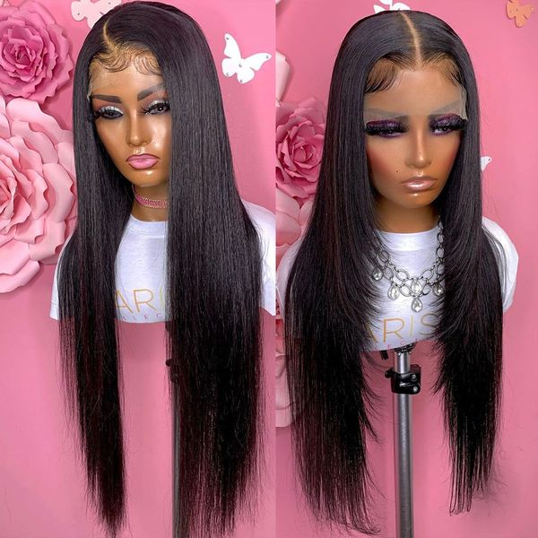 

lx brand natural looking long 4*4lace front silk base wigs part synthetic straight wig for women babyhair black color prepluckedfactory