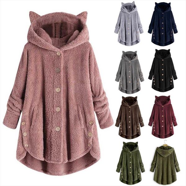 

2020 winter cute cats ears hooded irregular hem buttons jacket fleece autumn womens plus velvet sports coat, Black
