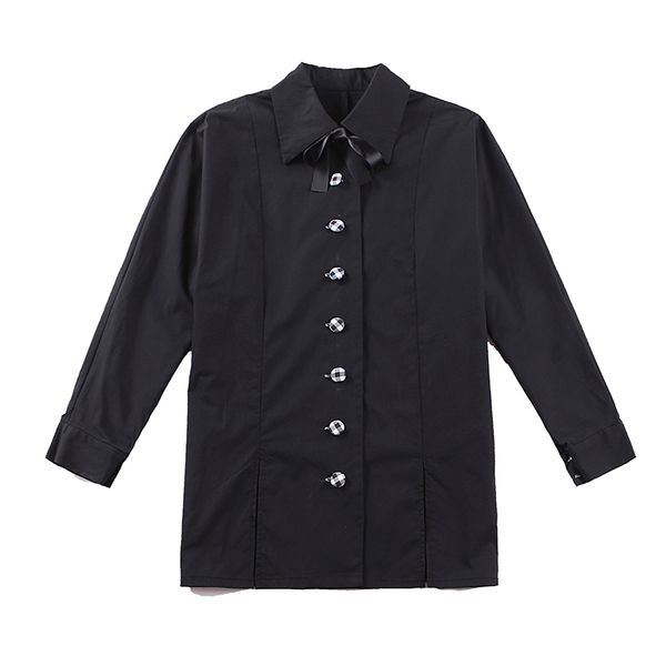 

2021 new le palais vintage winter side slits woman's long shirt bow decoration pure elegant buttons blouse a size fits all byvu, White