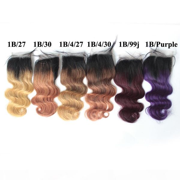 

brazilian virgin body wave ear to ear lace frontal closure 1b blonde brown 13x4 lace frontal ombre human hair 4*4 lace closure, Black