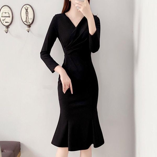 

women's spring autumn style dress women's solid color v-neck sashes patchwork casual slim trumpet dress 33971, Black;gray