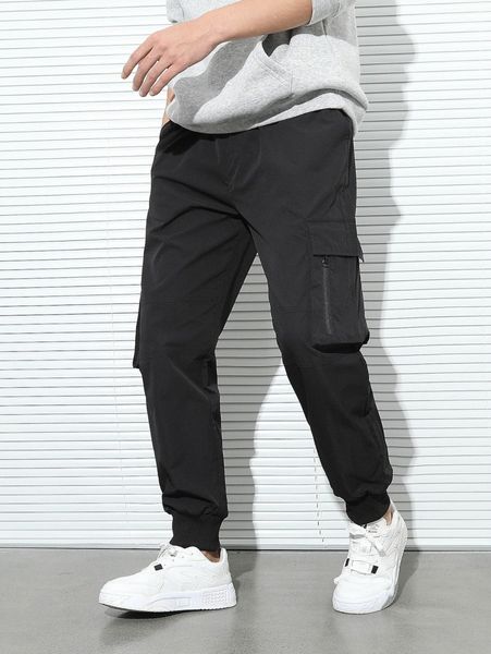 

men utility pocket drawstring waist joggers z29f#, Black