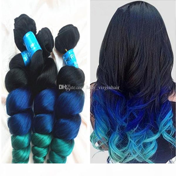 

new arrival three tone colored 1b blue green ombre peruvian human hair weave weft extensions loose wave curly bundles 3 pcs lot, Black