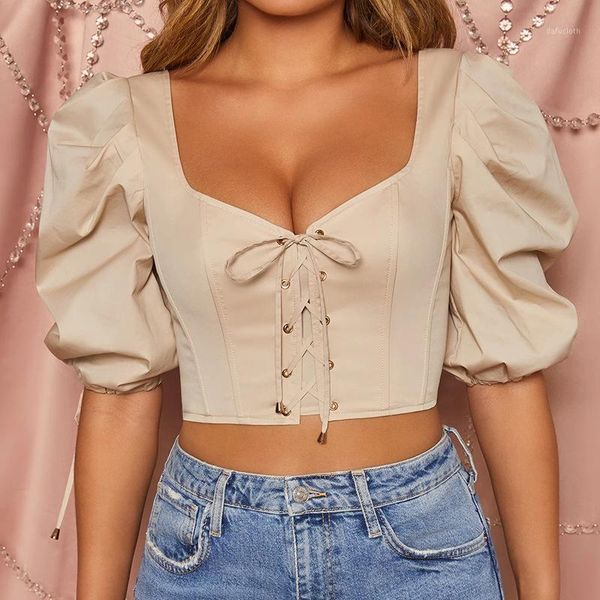 

women shirt blouse square neck half-sleeved front chest bandage hole puff sleeve solid women elegant short clothes blouse 1, White