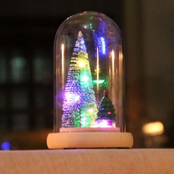 

colorful lights christmas tree wooden glass cover christmas tree ornaments table glowing mini decorations home
