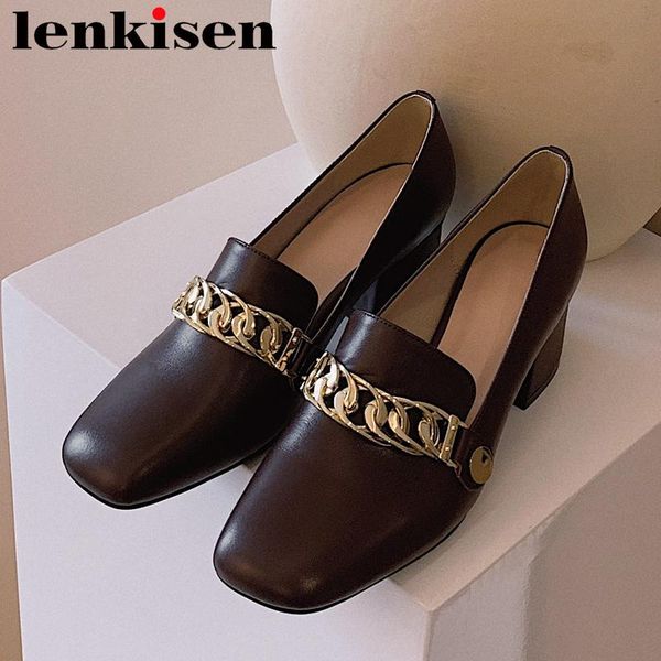 

lenkisen big size vintage leisure shoes women full grain leather square toe high heels metal chain deep mouth slip on pumps l75, Black