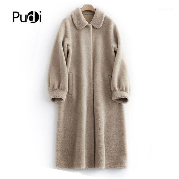

women's fur & faux pudi women winter real wool coat jacket female girl sheep shearing coats lady long parka overcoats v20051, Black