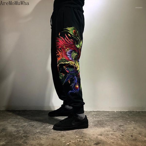 

aremomuwha original chinese style colorful phoenix heavy industry embroidery men's cotton loose large size guard pants qx14301, Black