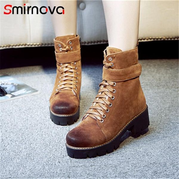 

smirnova woman shoes 2020 big size 33-42 short plush ankle boots cool ladies round toe boots lace up winter1, Black