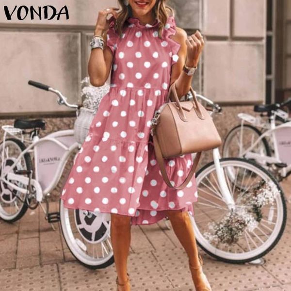 

casual dresses vonda plus size vintage polka dot printed dress women 2021 sleeveless mini bohemian party robe femme vestidos 5xl, Black;gray