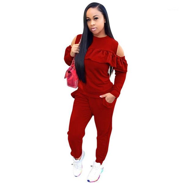 

fashion ruffles autumn winter 2 piece set women casual solid off shoulder long sleeve pullover + pockets pants outfit1, White;black