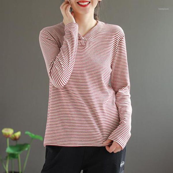 

johnature spring new v-neck plate buckle stripe long sleeve bottoming t-shirt 2020 simple leisure all-match 5 color women 1, White