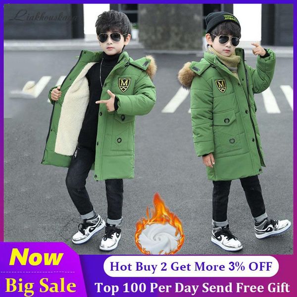 

russian winter coats 2020 new brand winter jacket for boys parkas thicken fur collar clothes lamb wool big boy baby long coat, Blue;gray
