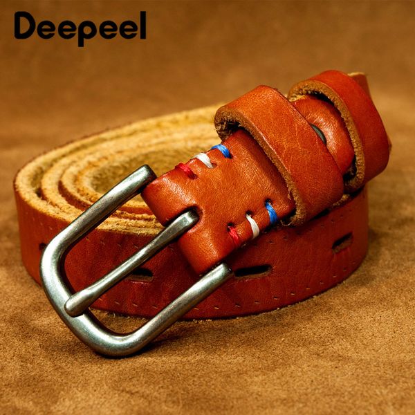 

deepeel 1pc 2.3cm*100-110cm women cowskin genuine belt retro washed hollow waistband alloy pin buckle adjustable belts yb636, Black;brown