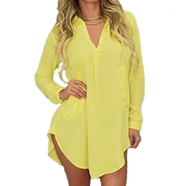 

women's blouses & shirts women fashion v-neck long sleeve irregular hem 2021 ladies solid color loose slim fit casual with pockets1, White