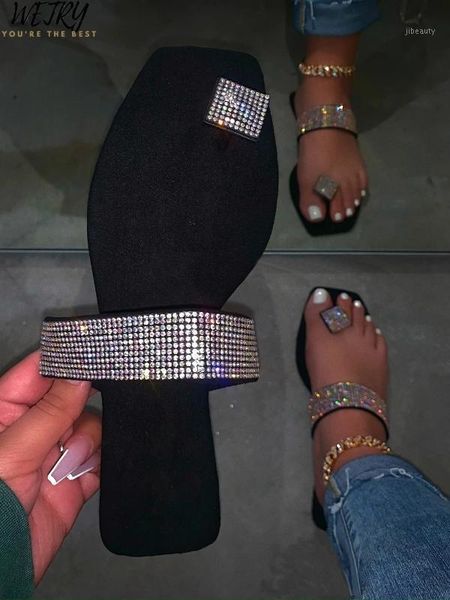 

spring/summer new 2020 single finger rhinestone bright diamond slippers candy color flat women sandals beach non-slip durable ms1, Black
