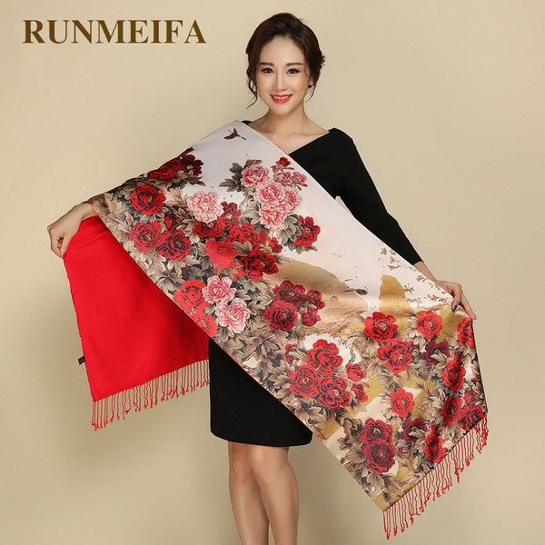 

runmeifa pastoral style pashmina two sides wear women scarves silk cashmere scarf retro national tippet warm print shawl scarf t200103, Blue;gray