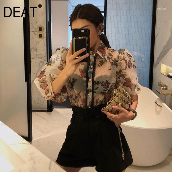

deat 2020 new summer women fashion clothes turn-down collar half lantern sleeves printed organza pearl buttons shirt wl2211, White
