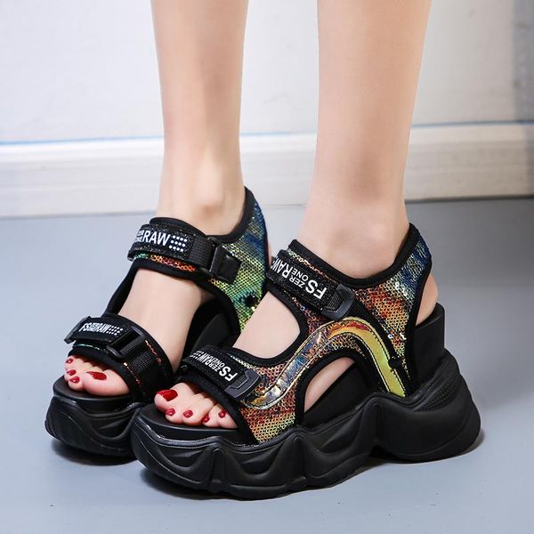 

dropshipping summer women wedge sandals with sequin high heels platform casual shoes woman thick bottom sandalias mujer, Black