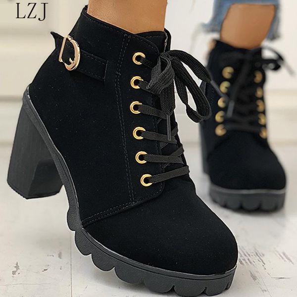 

Winter Women Ankle Boots High Chunry Heel Fur Plush Rubber Platform Metal Buckle Zipper Punk Sexy Black Ladies Shoes Botas Mujer