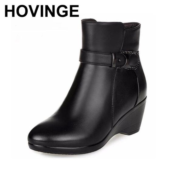 

boots hovinge winter shoes warm comfortable inside plush or wool snow non-slip slope with high heels real leather, Black