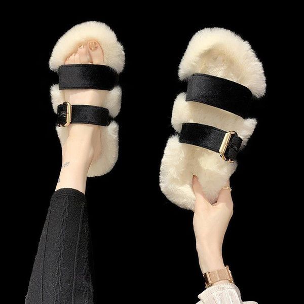 

house slippers platform fur shoes slipers women rivet flock luxury slides plush 2020 soft flat designer metal decoration pu, Black