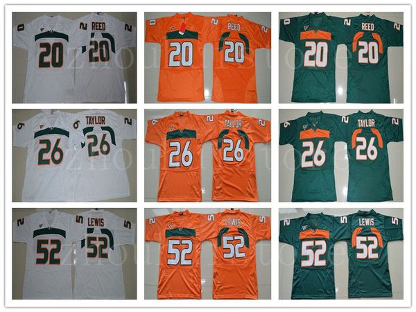 

ncaa mens miami hurricanes football jersey vintage 26 sean taylor 52 ray lewis 20 ed reed university football shirts green white orange, Black